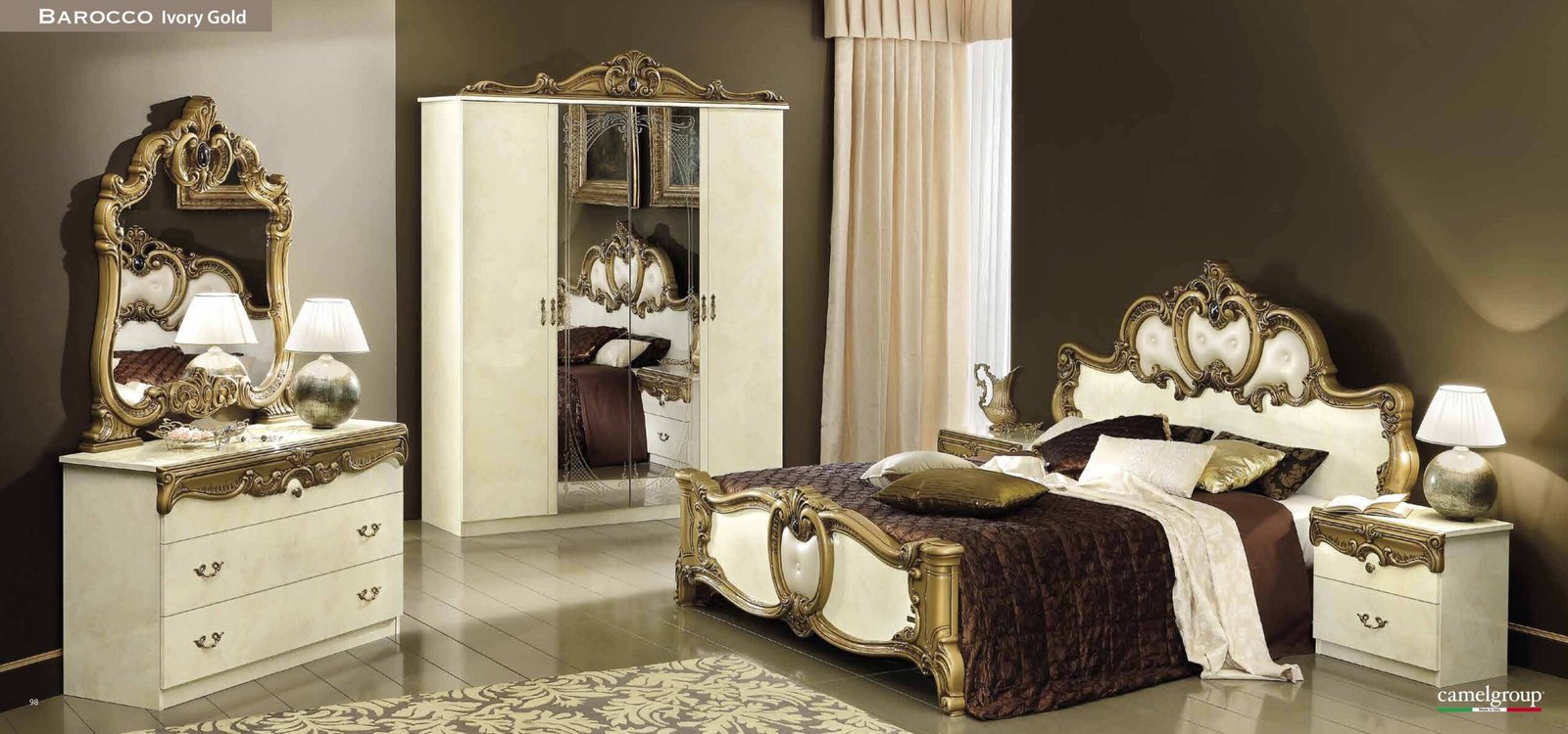 Camel Group Italian Borroco Ivory Gold High Gloss Bedroom Set