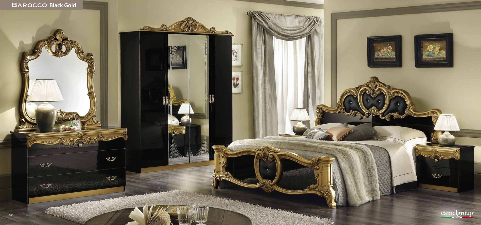 Camel Group Italian Borroco Black / Gold High Gloss Bedroom Set