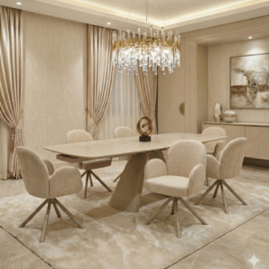 Gstaad Beige Extendable Stone Table with 4, 6 and 8 Swivel Chairs Collection