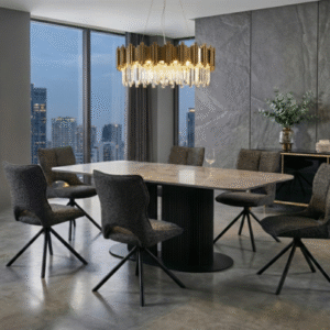 Sydney Modern Design Grey Ceramic Rectangular Dining Table | Roseland Swivel Chairs Set