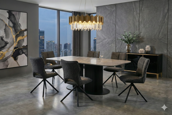 Sydney Modern Design Grey Ceramic Rectangular Dining Table | Roseland Swivel Chairs Set