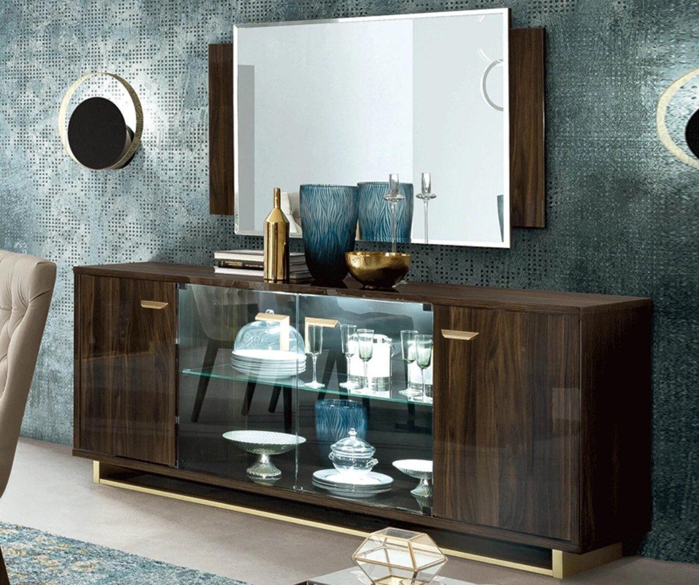 Camel group Modern Volare Italian High Gloss Walnut Finish 4 Doors Buffet - Image 2